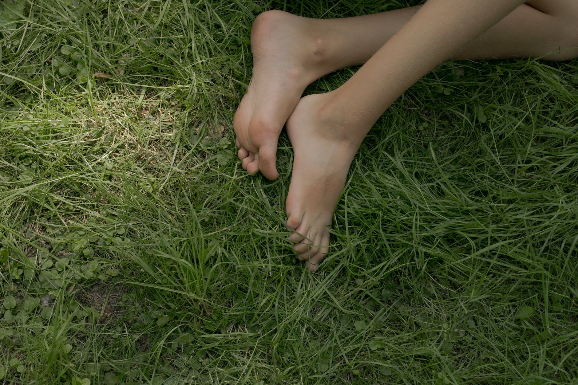 bare feet laying on green grass
